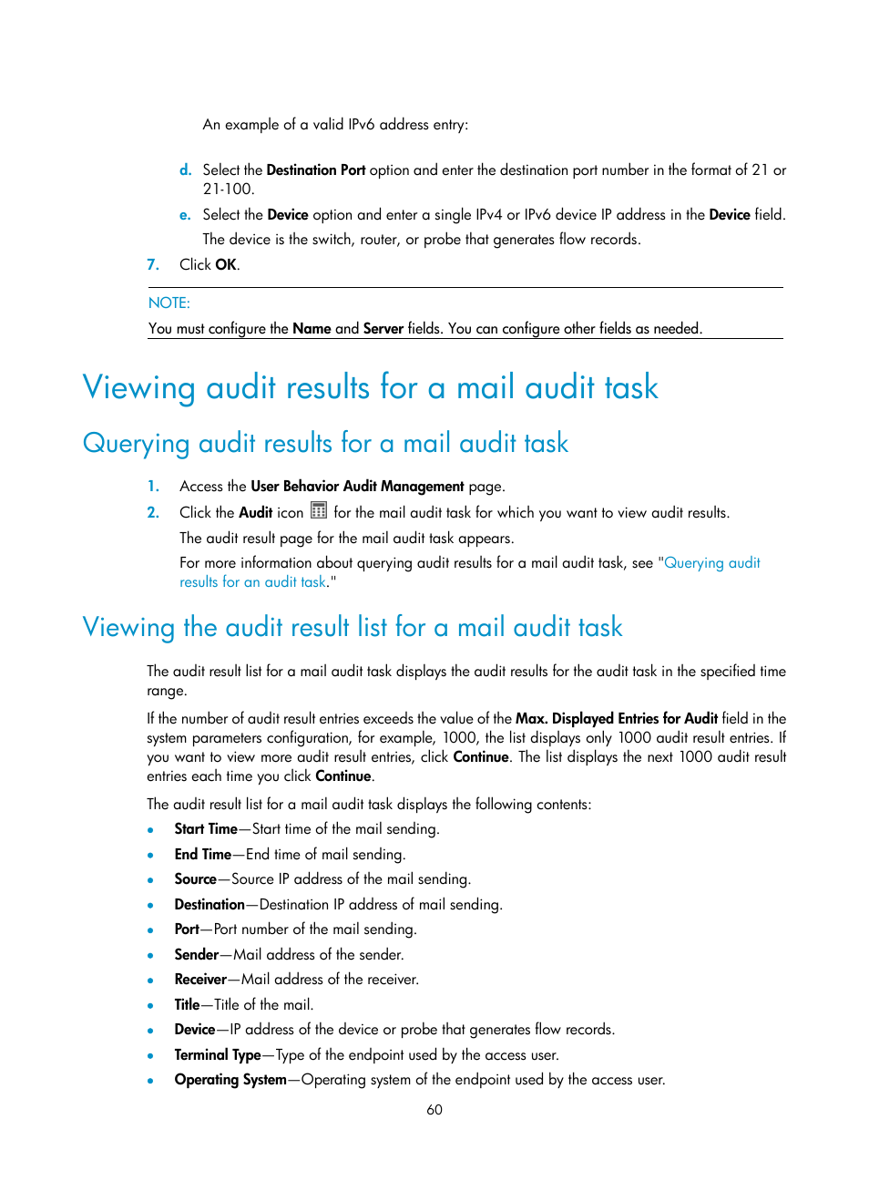 Viewing audit results for a mail audit task, Querying audit results for a mail audit task | H3C Technologies H3C Intelligent Management Center User Manual | Page 69 / 84