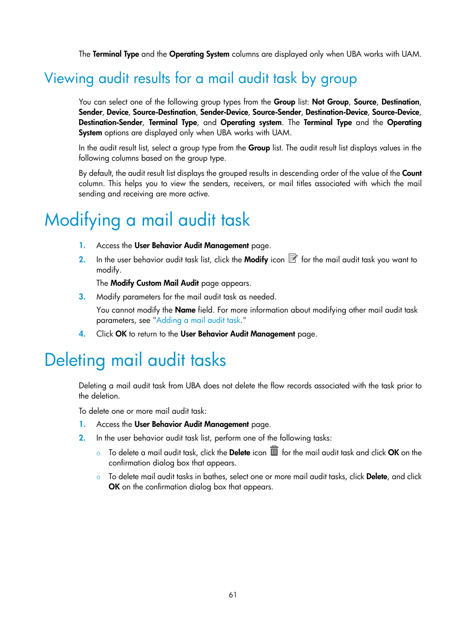 Modifying a mail audit task, Deleting mail audit tasks | H3C Technologies H3C Intelligent Management Center User Manual | Page 70 / 84