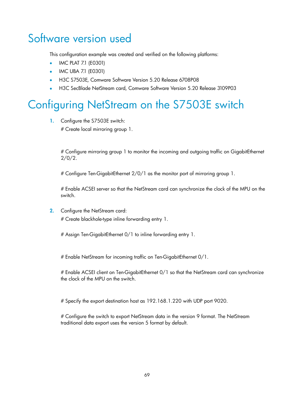 Software version used, Configuring netstream on the s7503e switch | H3C Technologies H3C Intelligent Management Center User Manual | Page 78 / 84