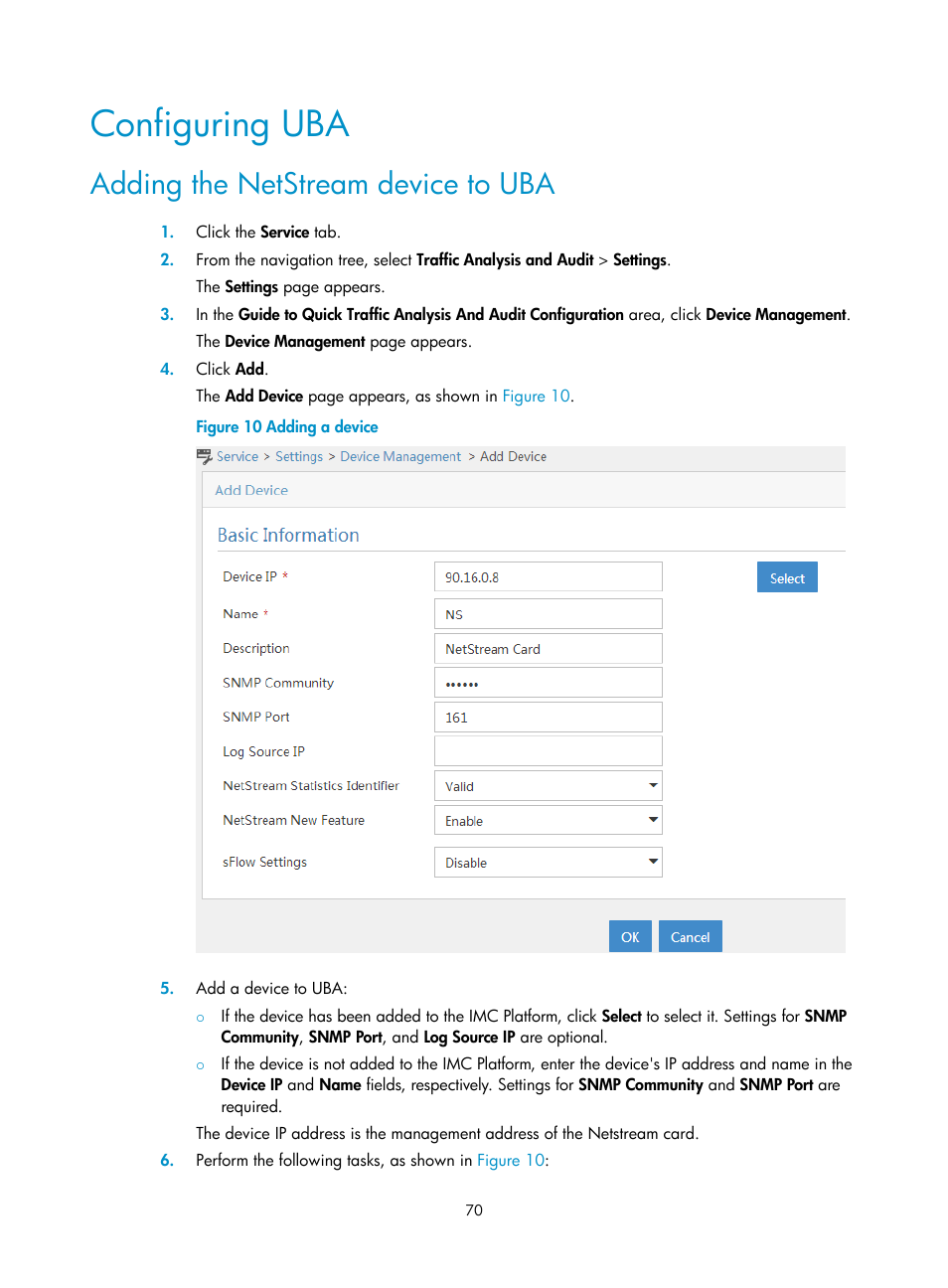 Configuring uba, Adding the netstream device to uba | H3C Technologies H3C Intelligent Management Center User Manual | Page 79 / 84