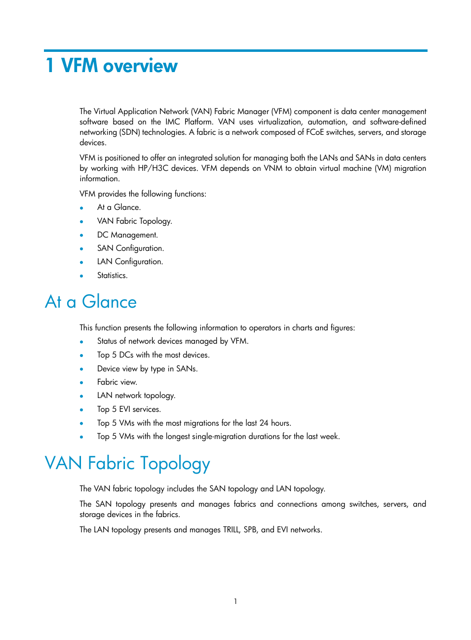 1 vfm overview, At a glance, Van fabric topology | H3C Technologies H3C Intelligent Management Center User Manual | Page 10 / 160