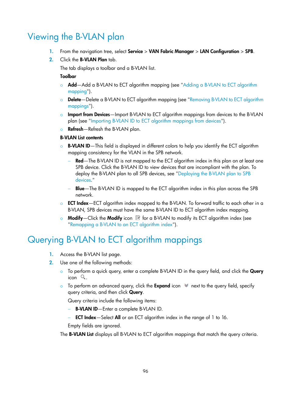 Viewing the b-vlan plan, Querying b-vlan to ect algorithm mappings | H3C Technologies H3C Intelligent Management Center User Manual | Page 105 / 160