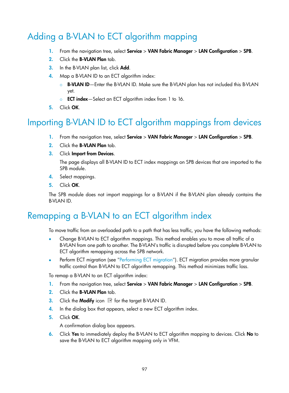 Adding a b-vlan to ect algorithm mapping, Remapping a b-vlan to an ect algorithm index, Adding a b-vlan to ect algorithm | Mapping, Plan (see | H3C Technologies H3C Intelligent Management Center User Manual | Page 106 / 160