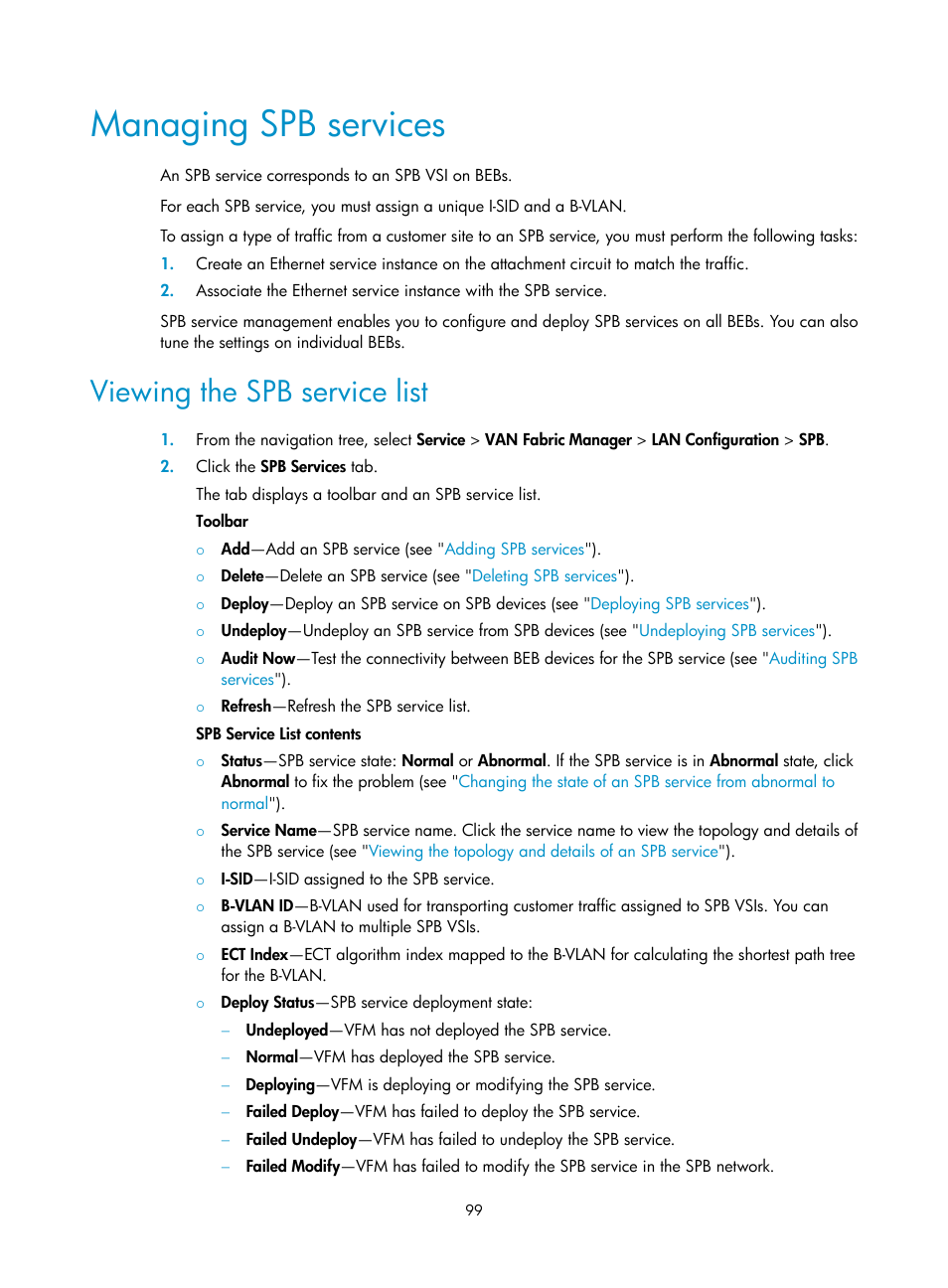 Managing spb services, Viewing the spb service list | H3C Technologies H3C Intelligent Management Center User Manual | Page 108 / 160