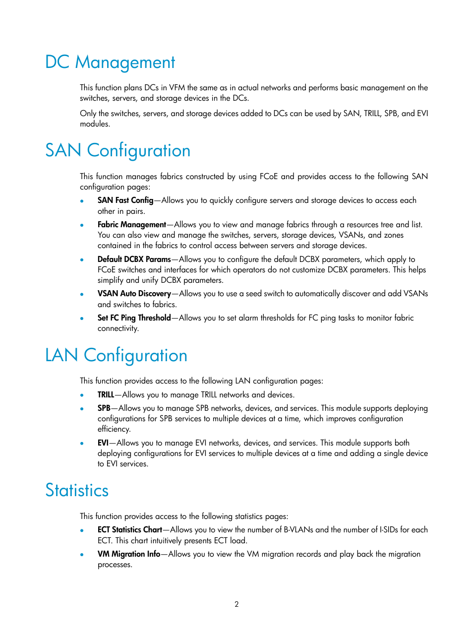 Dc management, San configuration, Lan configuration | Statistics | H3C Technologies H3C Intelligent Management Center User Manual | Page 11 / 160