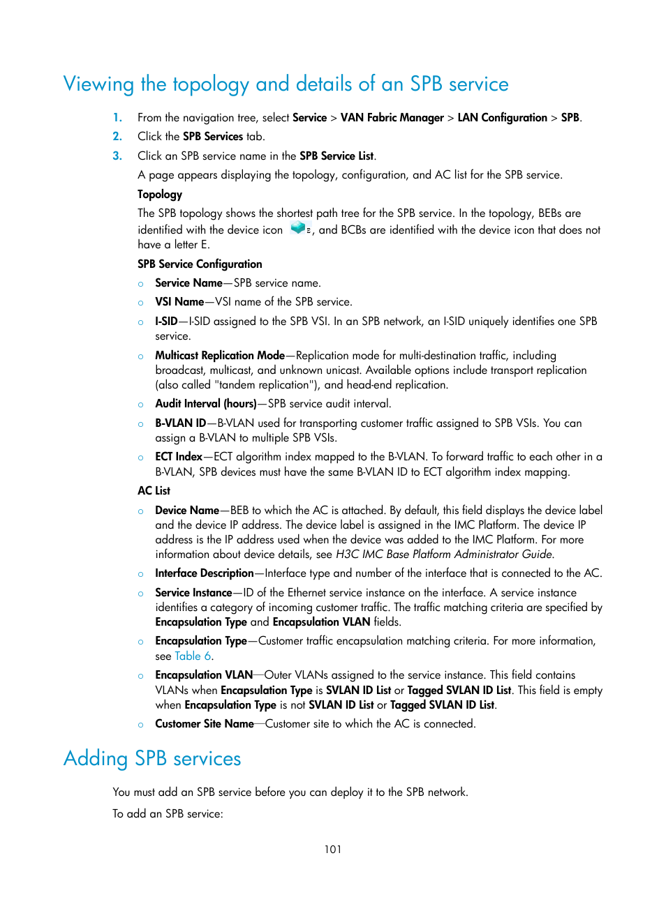 Viewing the topology and details of an spb service, Adding spb services, Viewing the topology and details of an spb | Service | H3C Technologies H3C Intelligent Management Center User Manual | Page 110 / 160