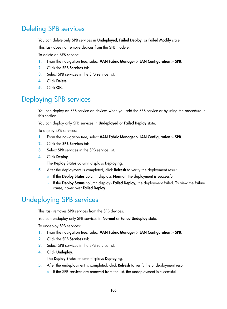 Deleting spb services, Deploying spb services, Undeploying spb services | H3C Technologies H3C Intelligent Management Center User Manual | Page 114 / 160