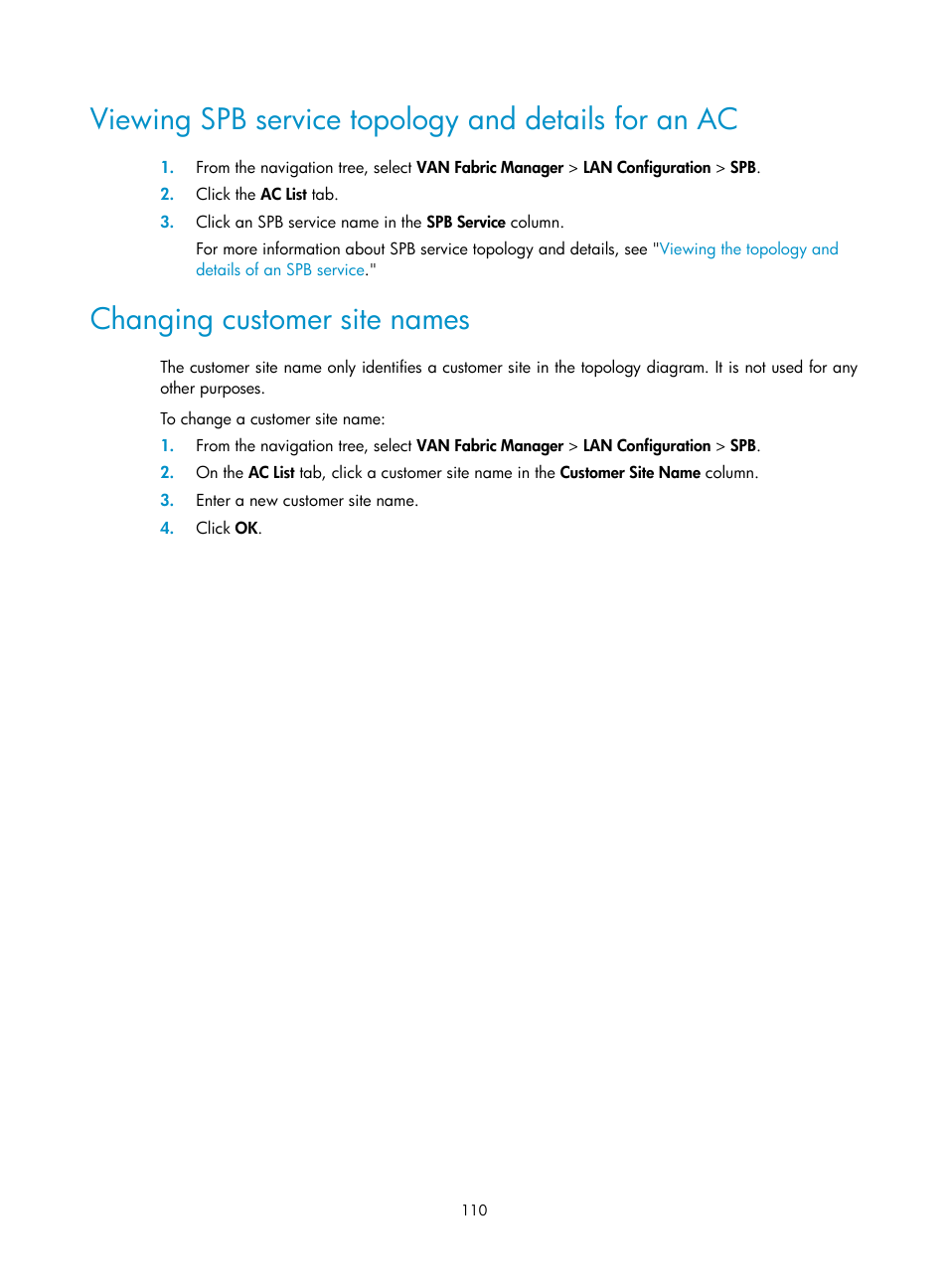 Viewing spb service topology and details for an ac, Changing customer site names | H3C Technologies H3C Intelligent Management Center User Manual | Page 119 / 160