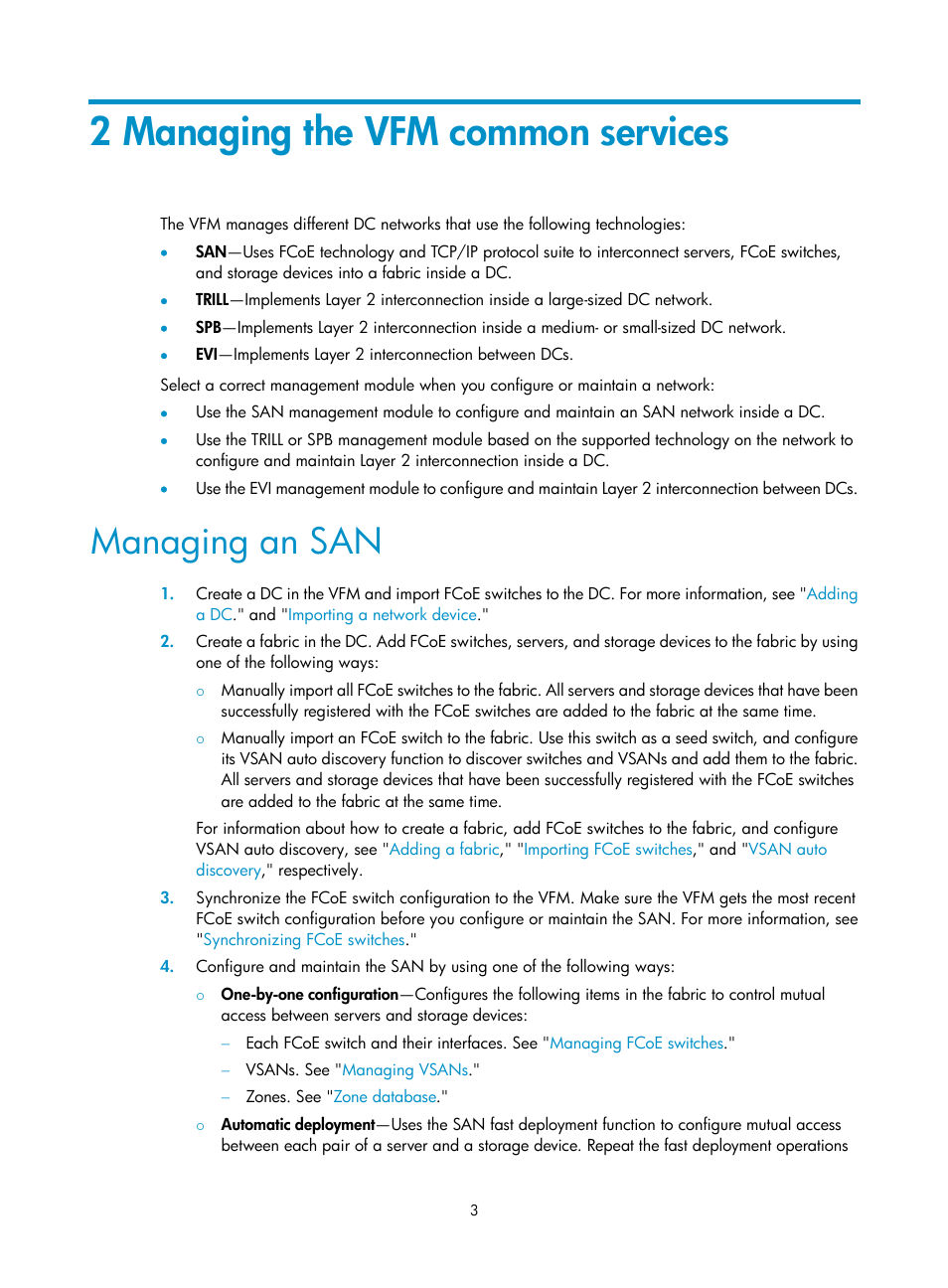 2 managing the vfm common services, Managing an san | H3C Technologies H3C Intelligent Management Center User Manual | Page 12 / 160