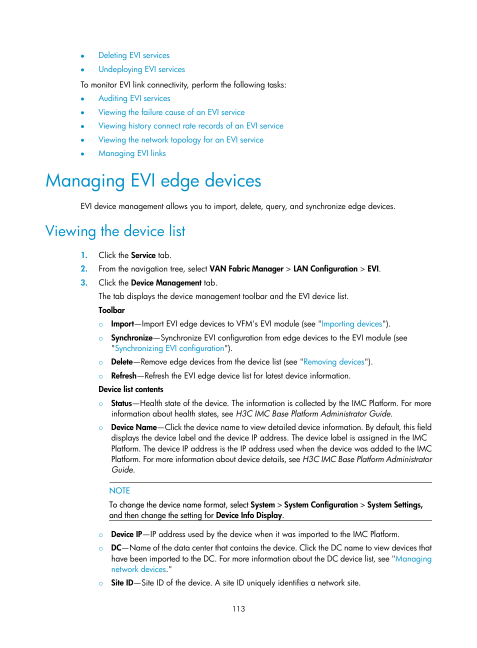 Managing evi edge devices, Viewing the device list | H3C Technologies H3C Intelligent Management Center User Manual | Page 122 / 160