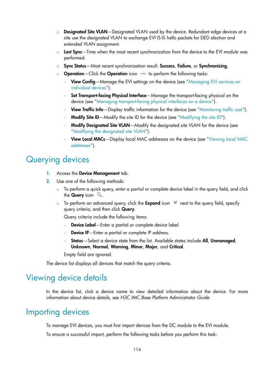 Querying devices, Viewing device details, Importing devices | Ation, see, Importing, Devices | H3C Technologies H3C Intelligent Management Center User Manual | Page 123 / 160