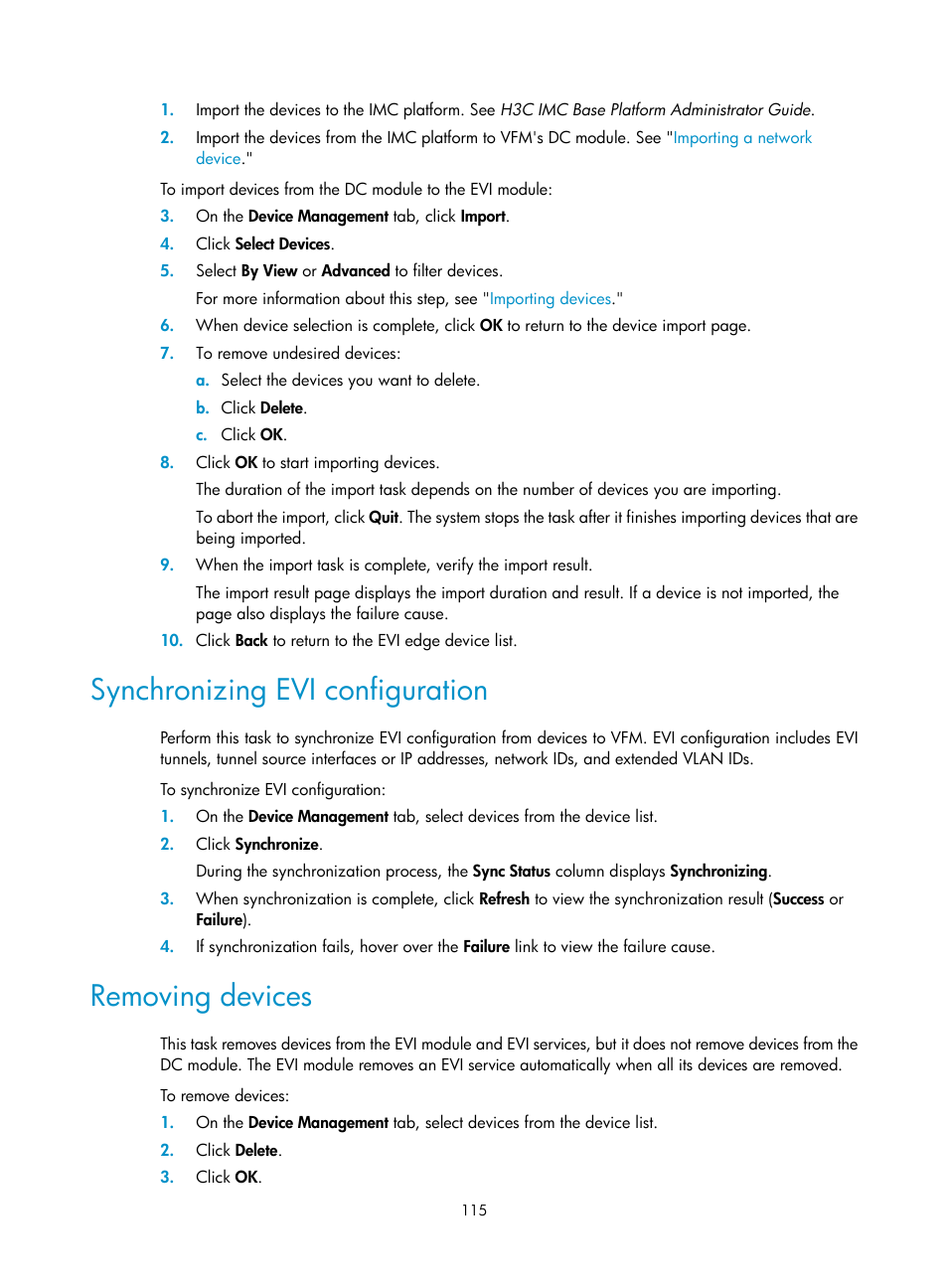 Synchronizing evi configuration, Removing devices, N, see | Synchronizing evi, Configuration | H3C Technologies H3C Intelligent Management Center User Manual | Page 124 / 160