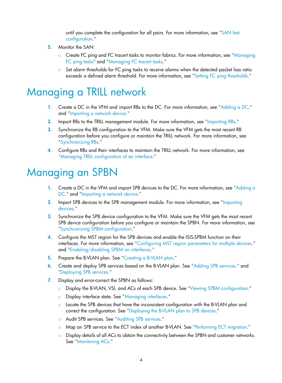 Managing a trill network, Managing an spbn | H3C Technologies H3C Intelligent Management Center User Manual | Page 13 / 160