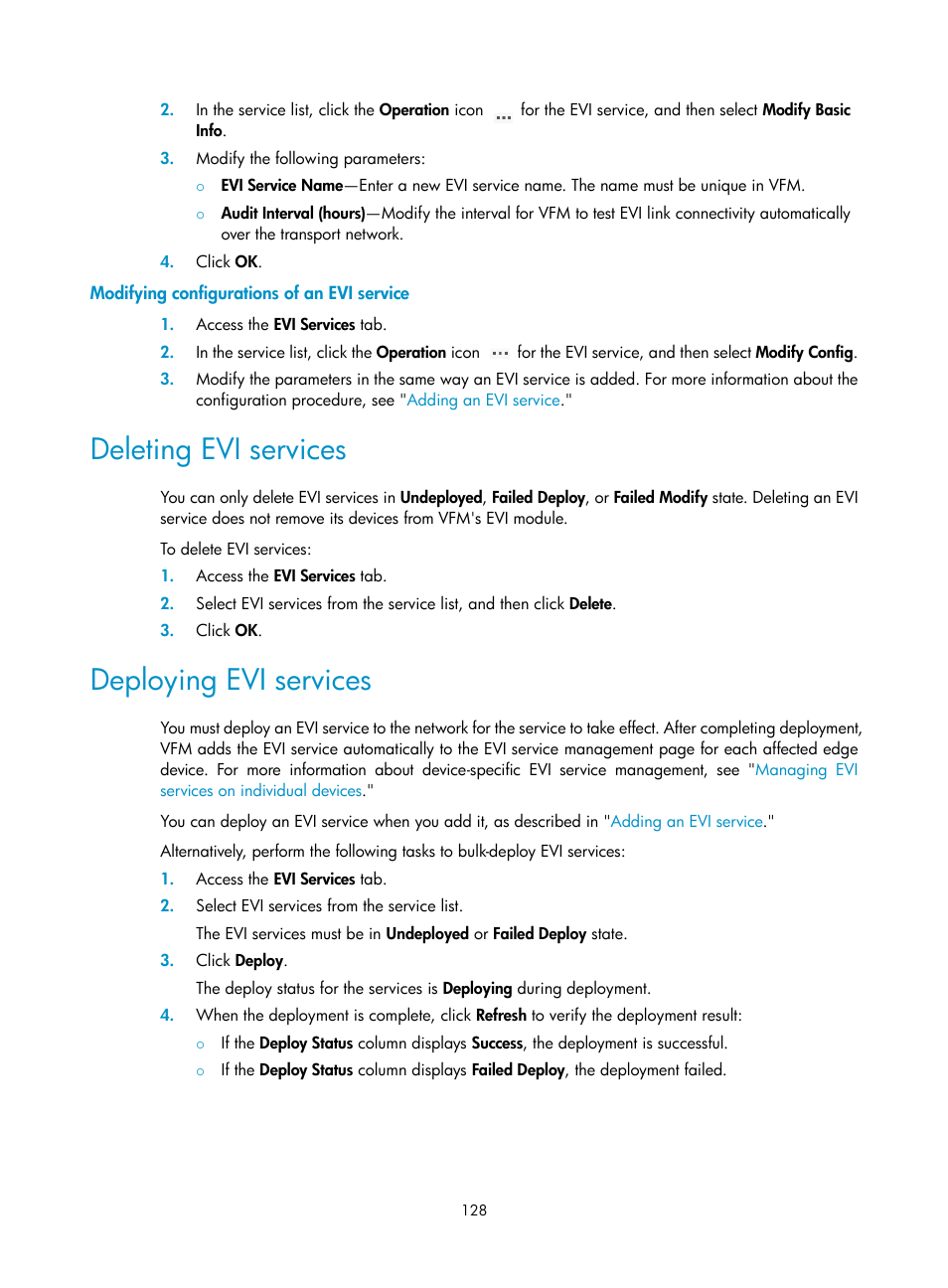 Modifying configurations of an evi service, Deleting evi services, Deploying evi services | Modifying configurations of an evi, Service | H3C Technologies H3C Intelligent Management Center User Manual | Page 137 / 160