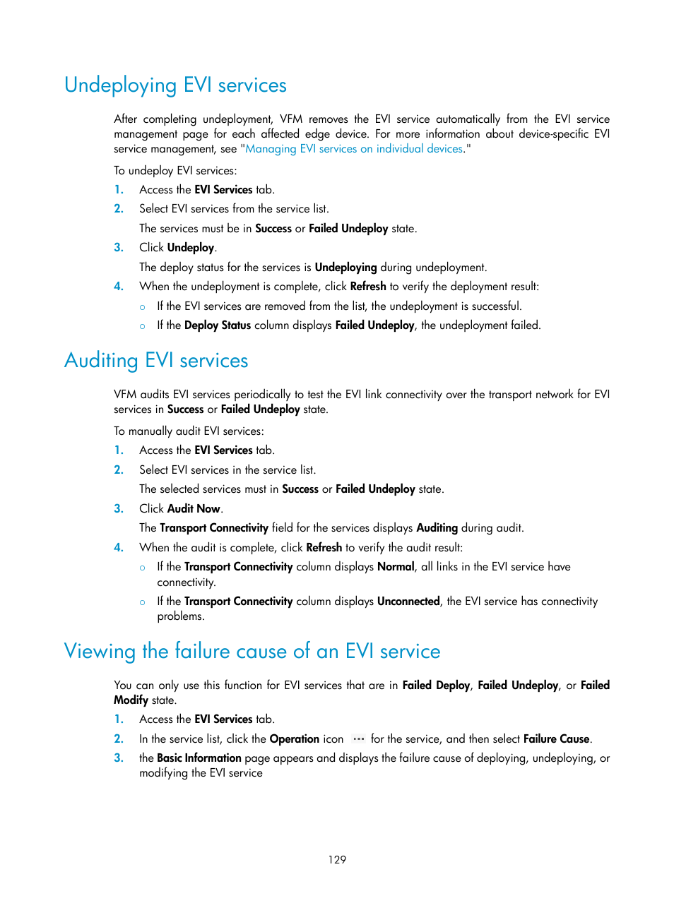 Undeploying evi services, Auditing evi services, Viewing the failure cause of an evi service | Viewing the failure cause, Of an evi, Service | H3C Technologies H3C Intelligent Management Center User Manual | Page 138 / 160