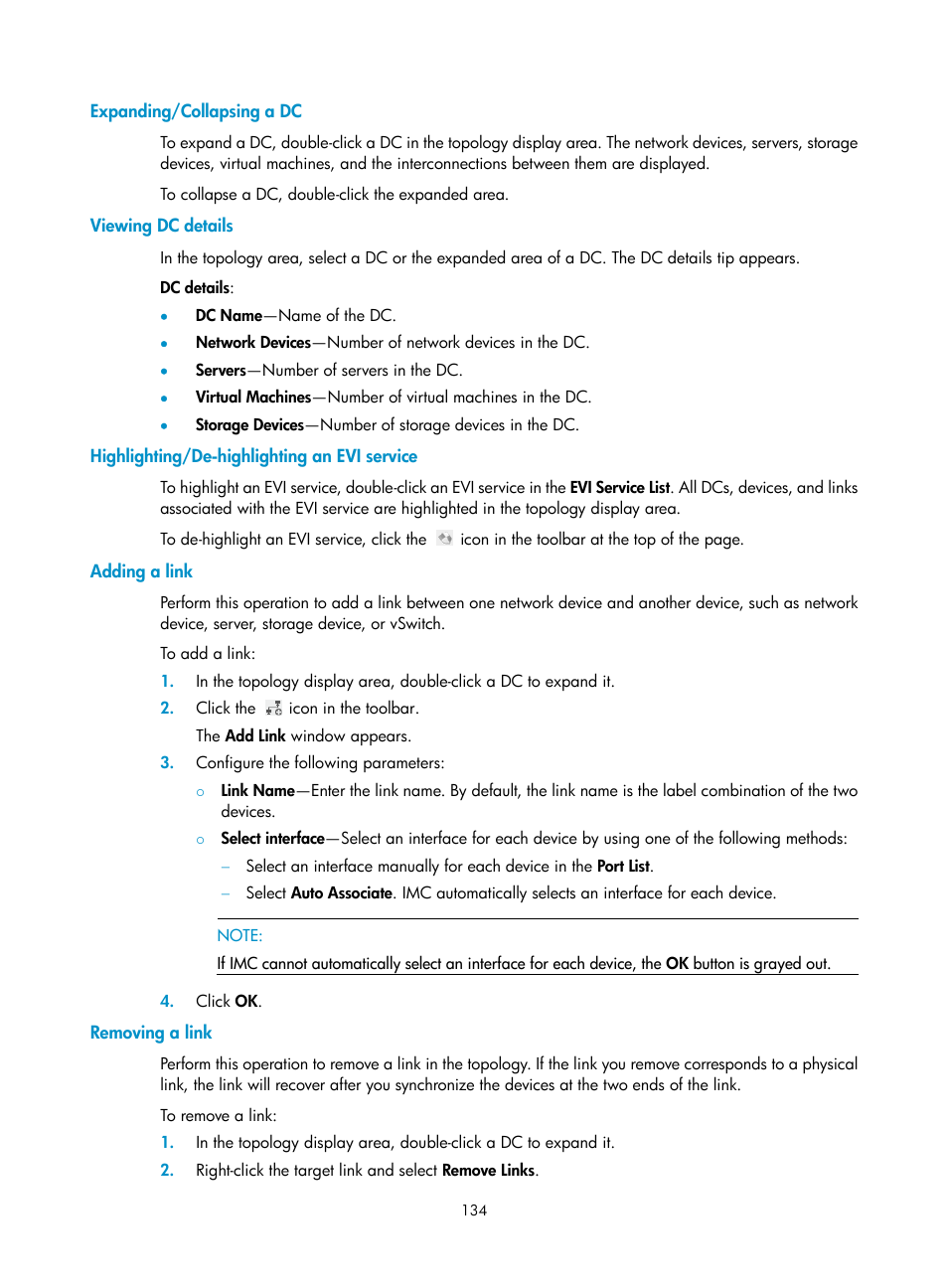 Expanding/collapsing a dc, Viewing dc details, Highlighting/de-highlighting an evi service | Adding a link, Removing a link | H3C Technologies H3C Intelligent Management Center User Manual | Page 143 / 160