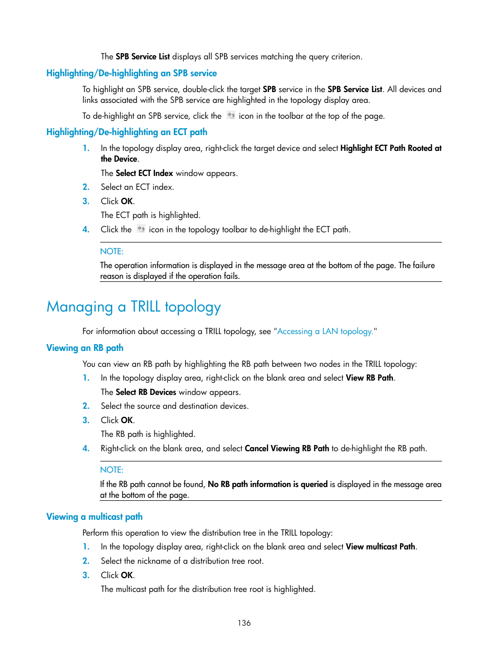 Highlighting/de-highlighting an spb service, Highlighting/de-highlighting an ect path, Managing a trill topology | Viewing an rb path, Viewing a multicast path | H3C Technologies H3C Intelligent Management Center User Manual | Page 145 / 160