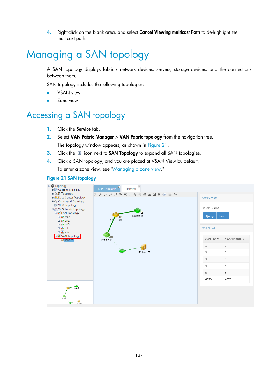 Managing a san topology, Accessing a san topology | H3C Technologies H3C Intelligent Management Center User Manual | Page 146 / 160