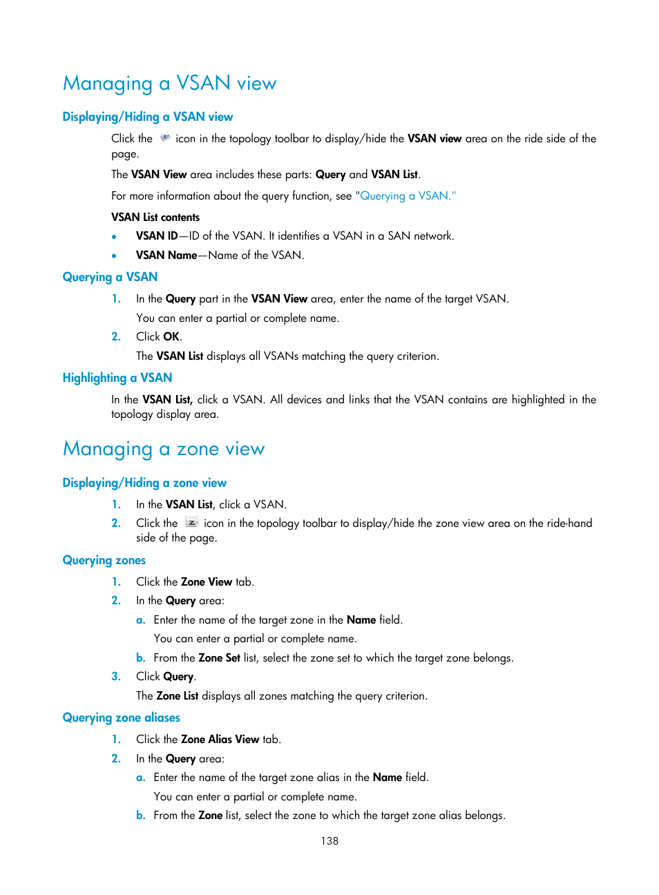 Managing a vsan view, Displaying/hiding a vsan view, Querying a vsan | Highlighting a vsan, Managing a zone view, Displaying/hiding a zone view, Querying zones, Querying zone aliases | H3C Technologies H3C Intelligent Management Center User Manual | Page 147 / 160