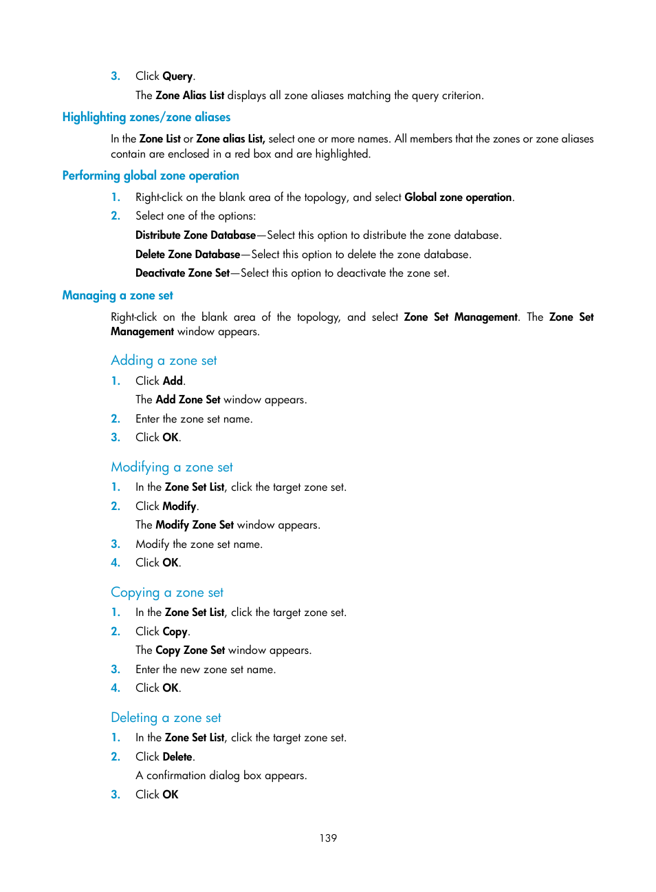 Highlighting zones/zone aliases, Performing global zone operation, Managing a zone set | Adding a zone set, Modifying a zone set, Copying a zone set, Deleting a zone set | H3C Technologies H3C Intelligent Management Center User Manual | Page 148 / 160