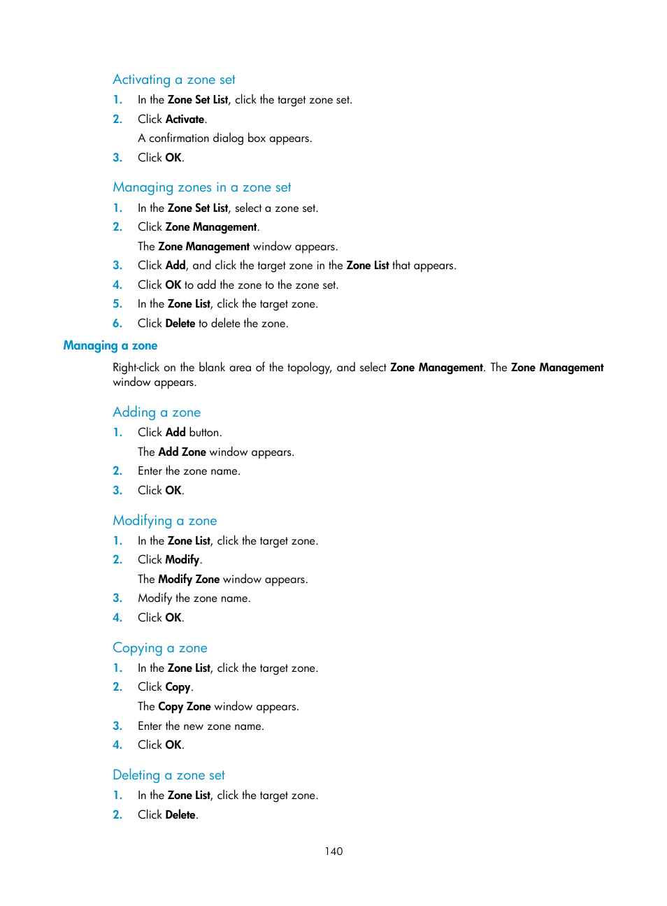 Activating a zone set, Managing zones in a zone set, Managing a zone | Adding a zone, Modifying a zone, Copying a zone, Deleting a zone set | H3C Technologies H3C Intelligent Management Center User Manual | Page 149 / 160