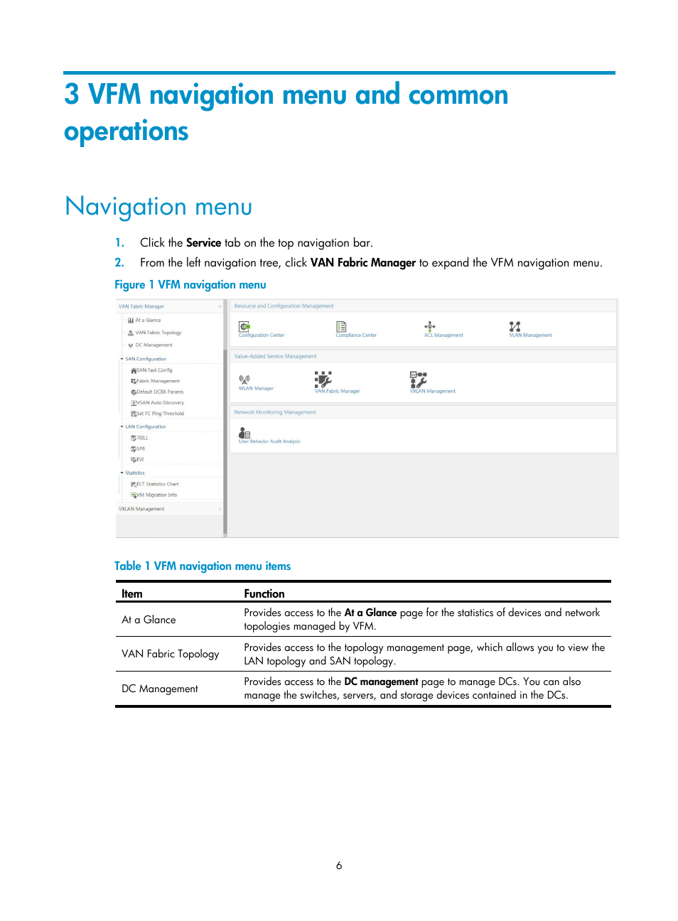 3 vfm navigation menu and common operations, Navigation menu | H3C Technologies H3C Intelligent Management Center User Manual | Page 15 / 160