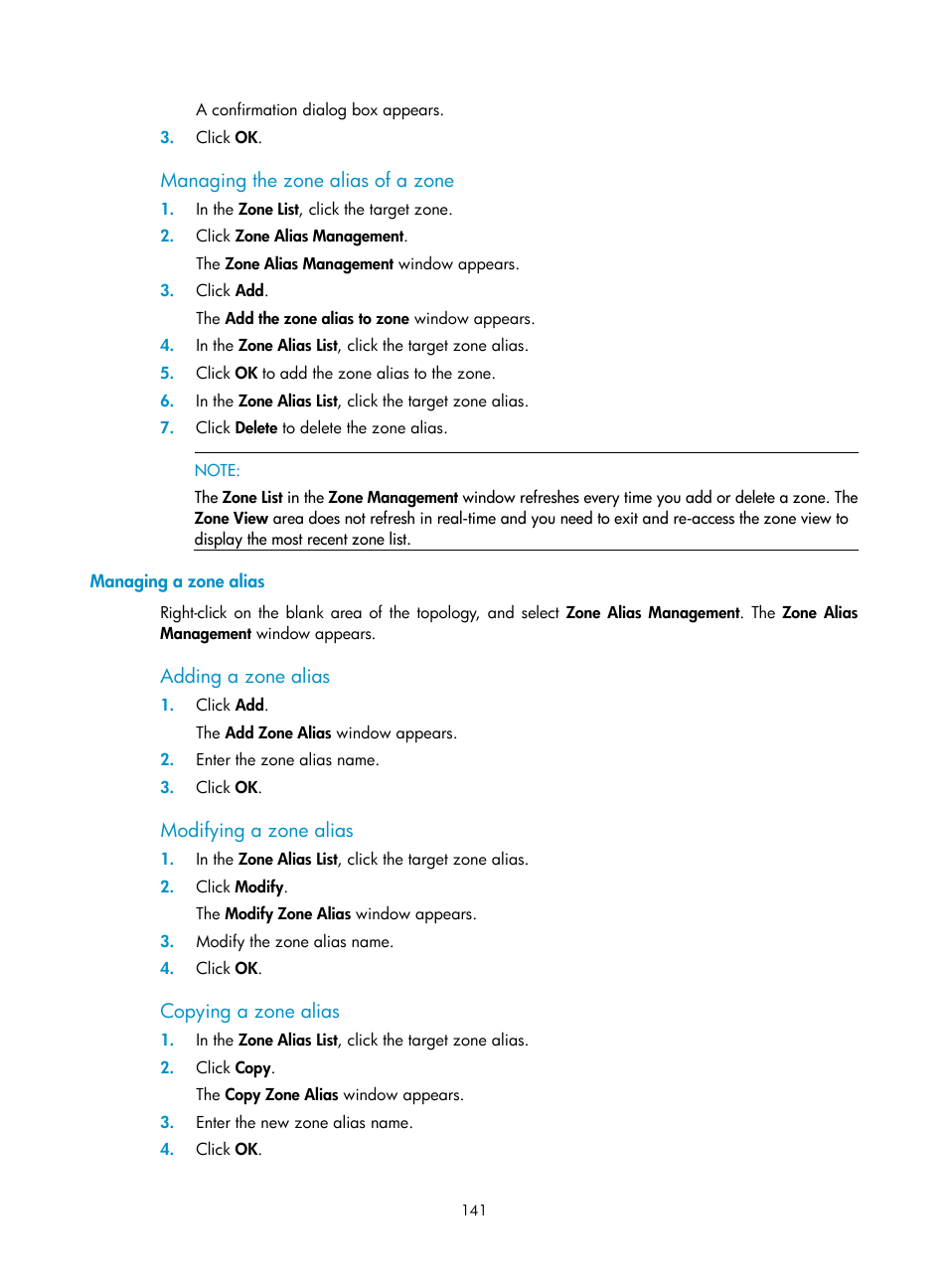 Managing the zone alias of a zone, Managing a zone alias, Adding a zone alias | Modifying a zone alias, Copying a zone alias | H3C Technologies H3C Intelligent Management Center User Manual | Page 150 / 160