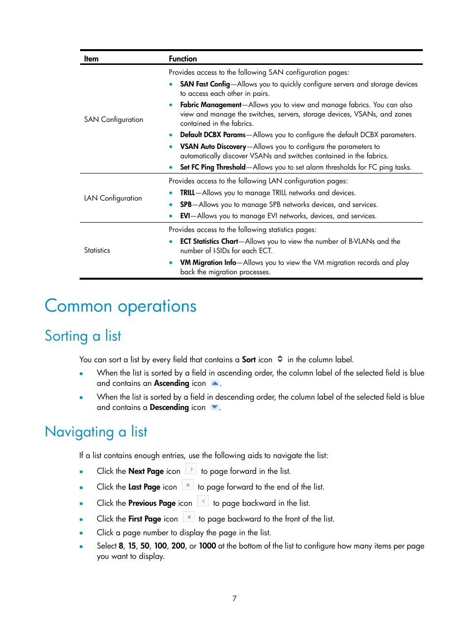 Common operations, Sorting a list, Navigating a list | H3C Technologies H3C Intelligent Management Center User Manual | Page 16 / 160