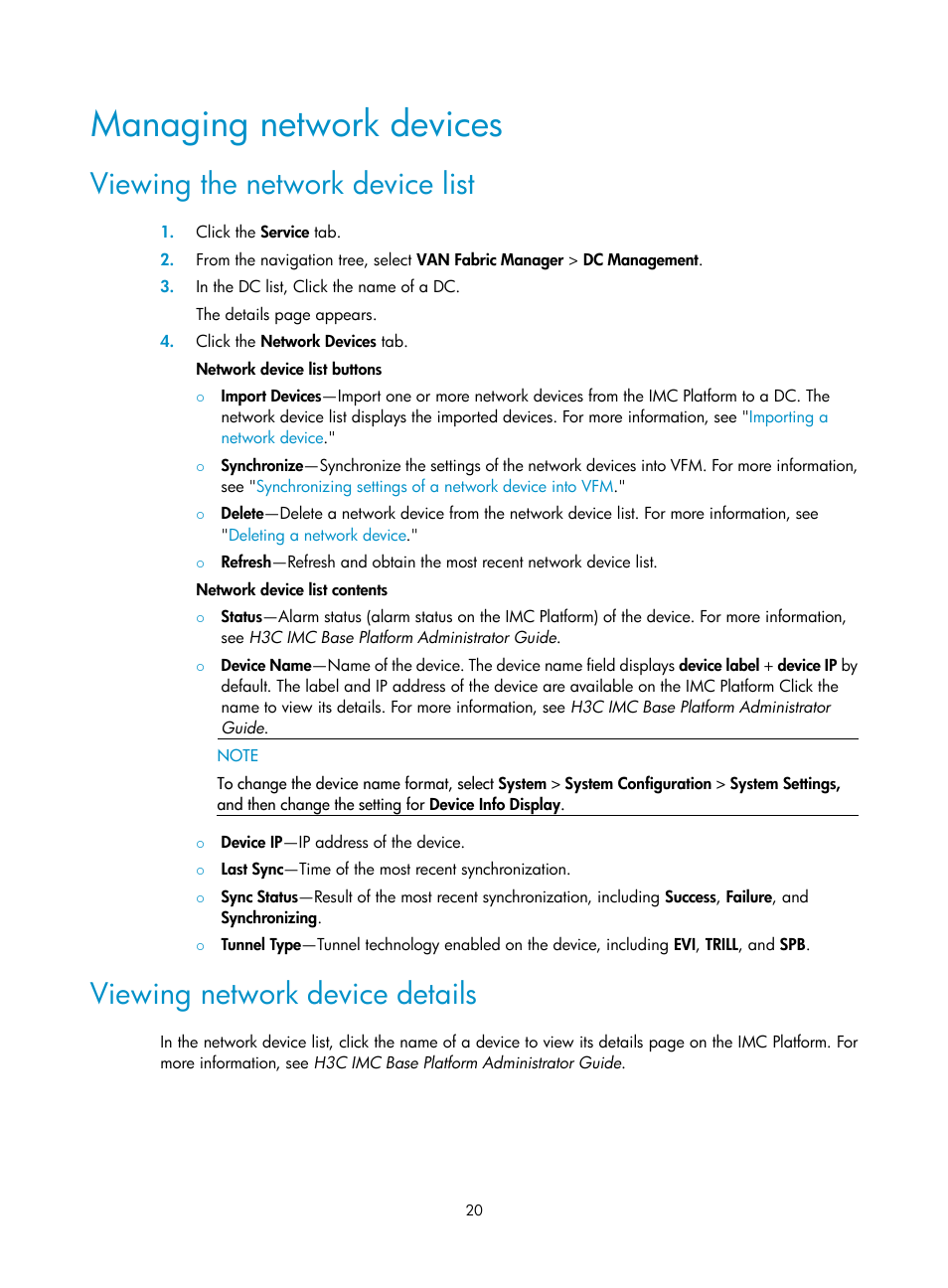 Managing network devices, Viewing the network device list, Viewing network device details | H3C Technologies H3C Intelligent Management Center User Manual | Page 29 / 160