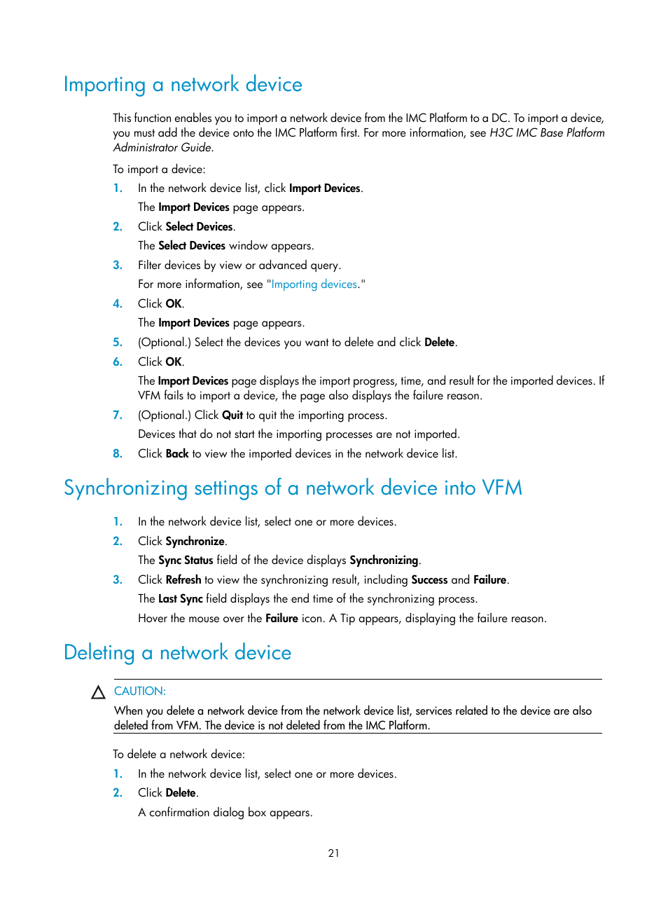 Importing a network device, Deleting a network device, Importing a | Network device | H3C Technologies H3C Intelligent Management Center User Manual | Page 30 / 160