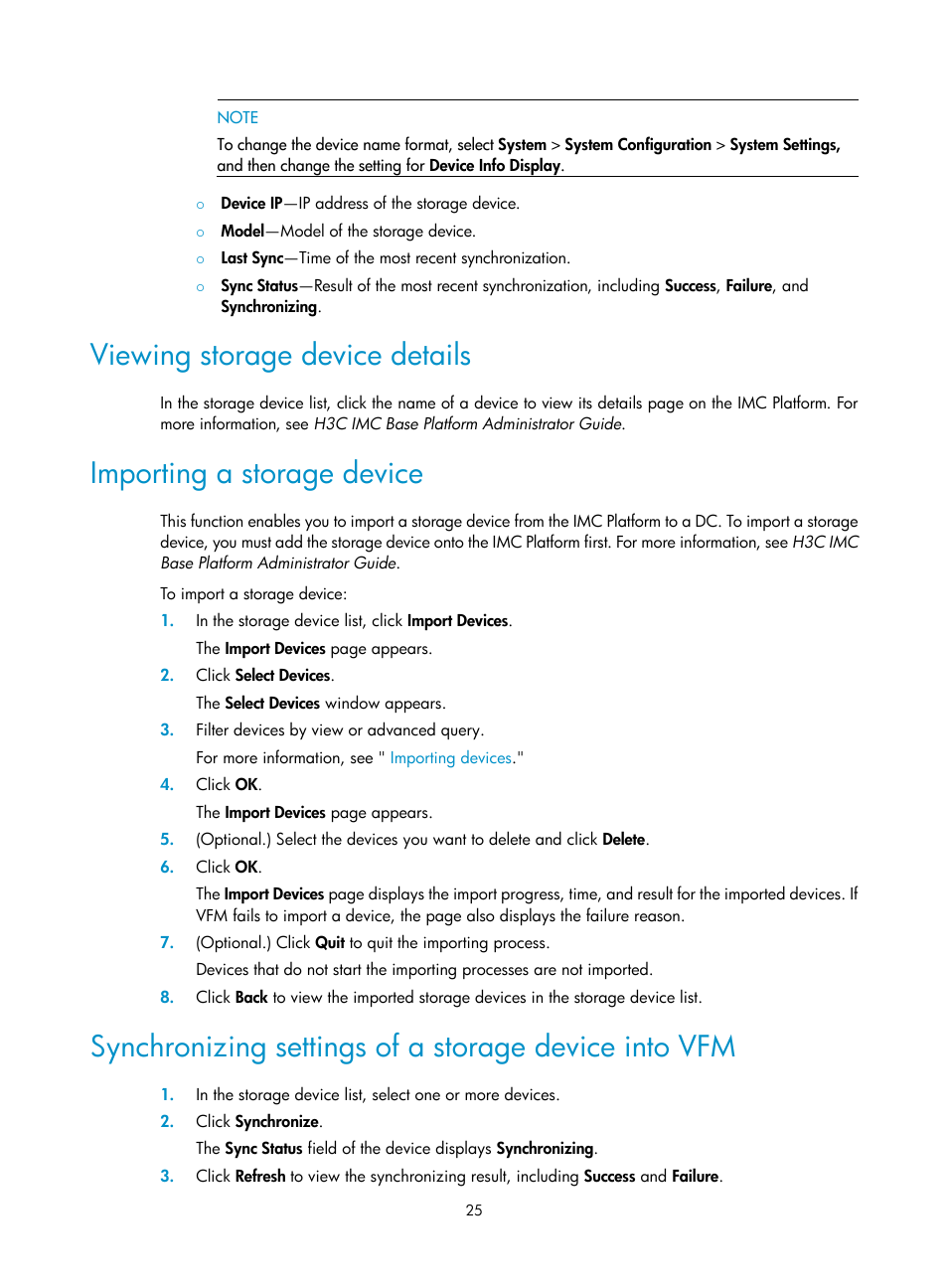 Viewing storage device details, Importing a storage device, Importing | A storage device | H3C Technologies H3C Intelligent Management Center User Manual | Page 34 / 160