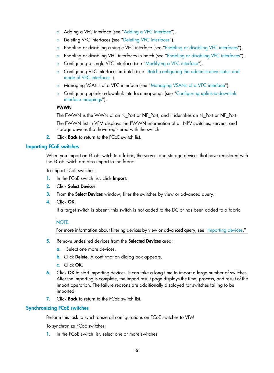 Importing fcoe switches, Synchronizing fcoe switches, Importing fcoe | Switches, Synchronizing fcoe | H3C Technologies H3C Intelligent Management Center User Manual | Page 45 / 160