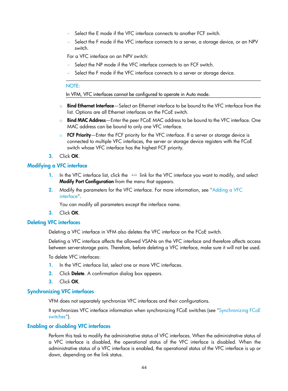 Modifying a vfc interface, Deleting vfc interfaces, Synchronizing vfc interfaces | Enabling or disabling vfc interfaces, Ace (see | H3C Technologies H3C Intelligent Management Center User Manual | Page 53 / 160