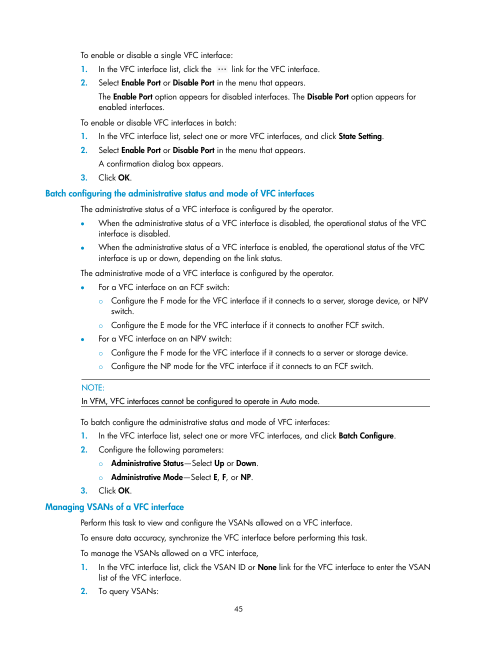 Managing vsans of a vfc interface, Batch configuring the administrative status and, Mode of vfc interfaces | Interfaces | H3C Technologies H3C Intelligent Management Center User Manual | Page 54 / 160