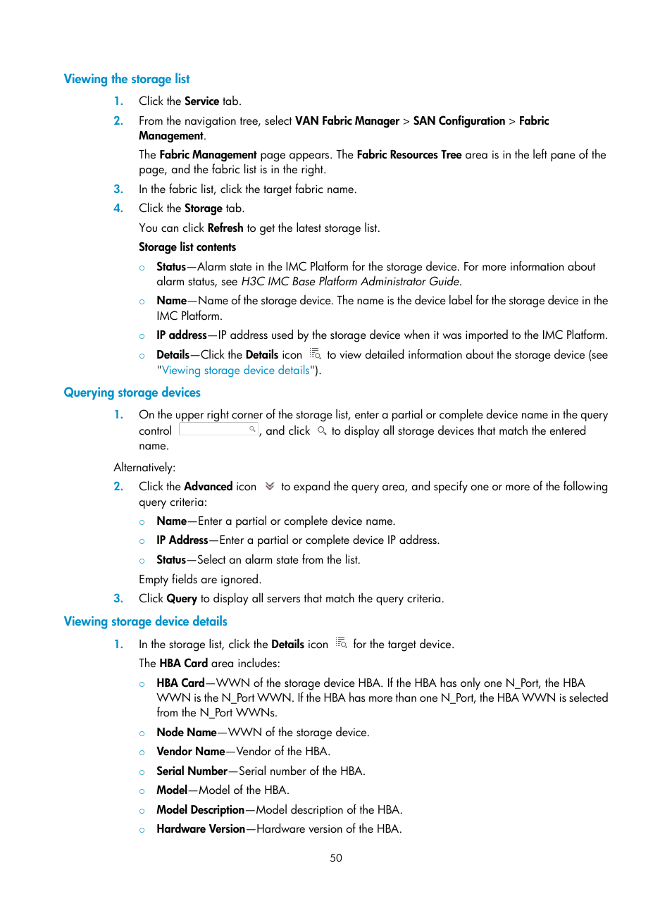 Viewing the storage list, Querying storage devices, Viewing storage device details | H3C Technologies H3C Intelligent Management Center User Manual | Page 59 / 160