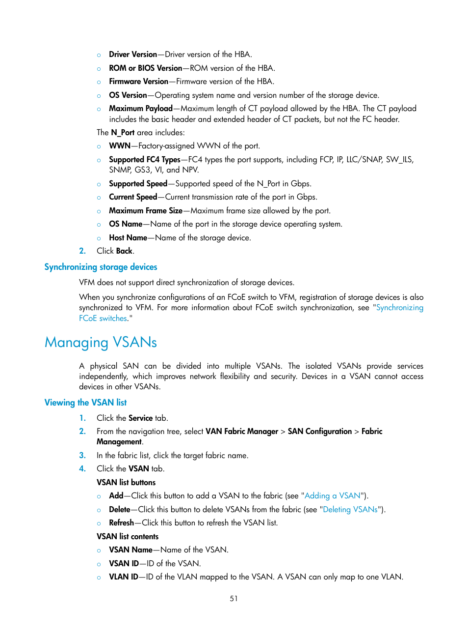 Synchronizing storage devices, Managing vsans, Viewing the vsan list | H3C Technologies H3C Intelligent Management Center User Manual | Page 60 / 160