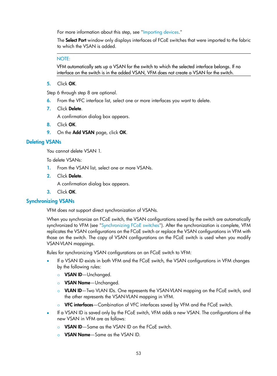 Deleting vsans, Synchronizing vsans | H3C Technologies H3C Intelligent Management Center User Manual | Page 62 / 160