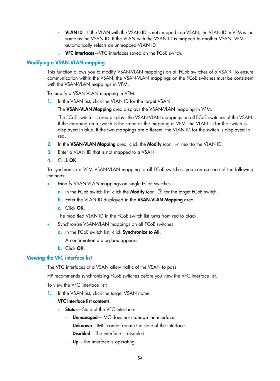 Modifying a vsan-vlan mapping, Viewing the vfc interface list | H3C Technologies H3C Intelligent Management Center User Manual | Page 63 / 160