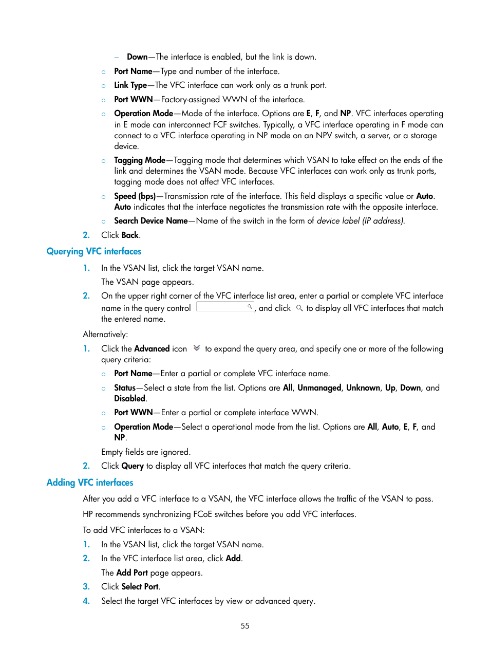 Querying vfc interfaces, Adding vfc interfaces, Adding vfc | Interfaces | H3C Technologies H3C Intelligent Management Center User Manual | Page 64 / 160