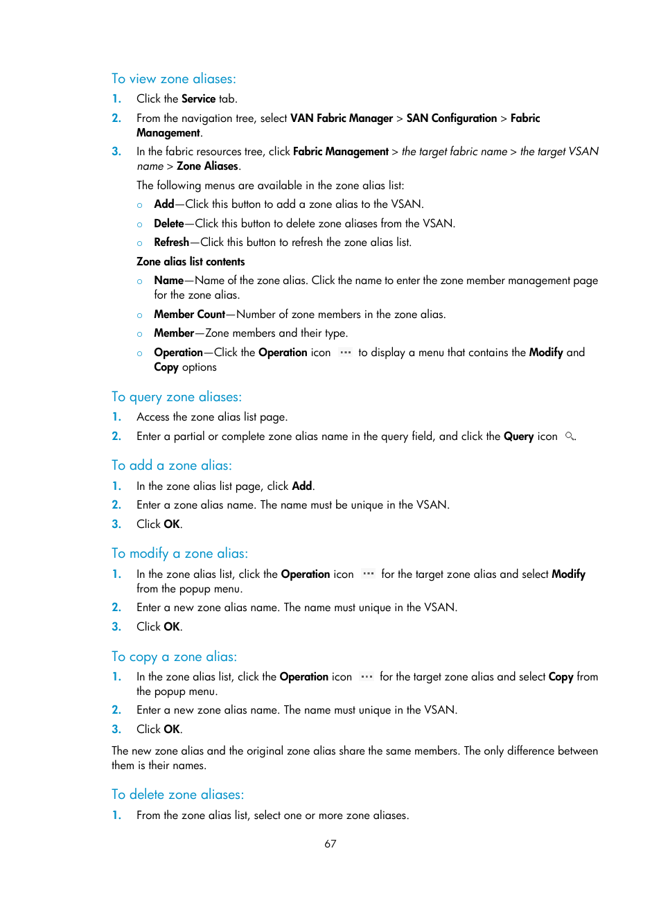 To view zone aliases, To query zone aliases, To add a zone alias | To modify a zone alias, To copy a zone alias, To delete zone aliases | H3C Technologies H3C Intelligent Management Center User Manual | Page 76 / 160