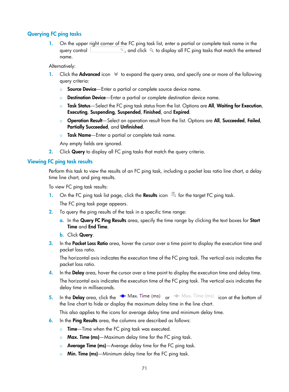 Querying fc ping tasks, Viewing fc ping task results, Viewing fc | Ping task results | H3C Technologies H3C Intelligent Management Center User Manual | Page 80 / 160