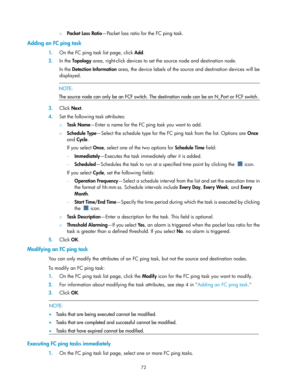 Adding an fc ping task, Modifying an fc ping task, Executing fc ping tasks immediately | Executing fc ping tasks, Immediately, Modifying an fc ping, Task | H3C Technologies H3C Intelligent Management Center User Manual | Page 81 / 160