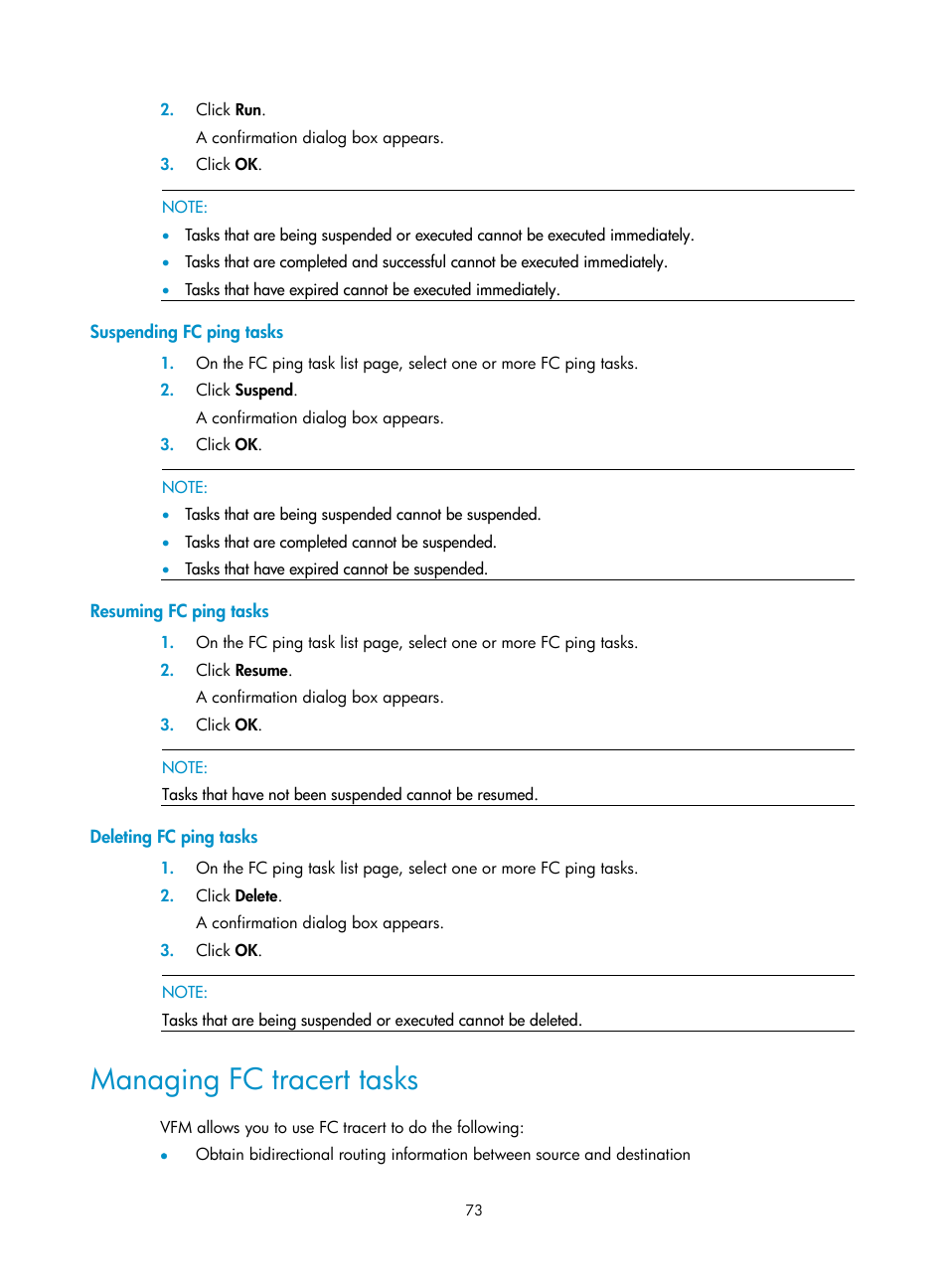 Suspending fc ping tasks, Resuming fc ping tasks, Deleting fc ping tasks | Managing fc tracert tasks | H3C Technologies H3C Intelligent Management Center User Manual | Page 82 / 160