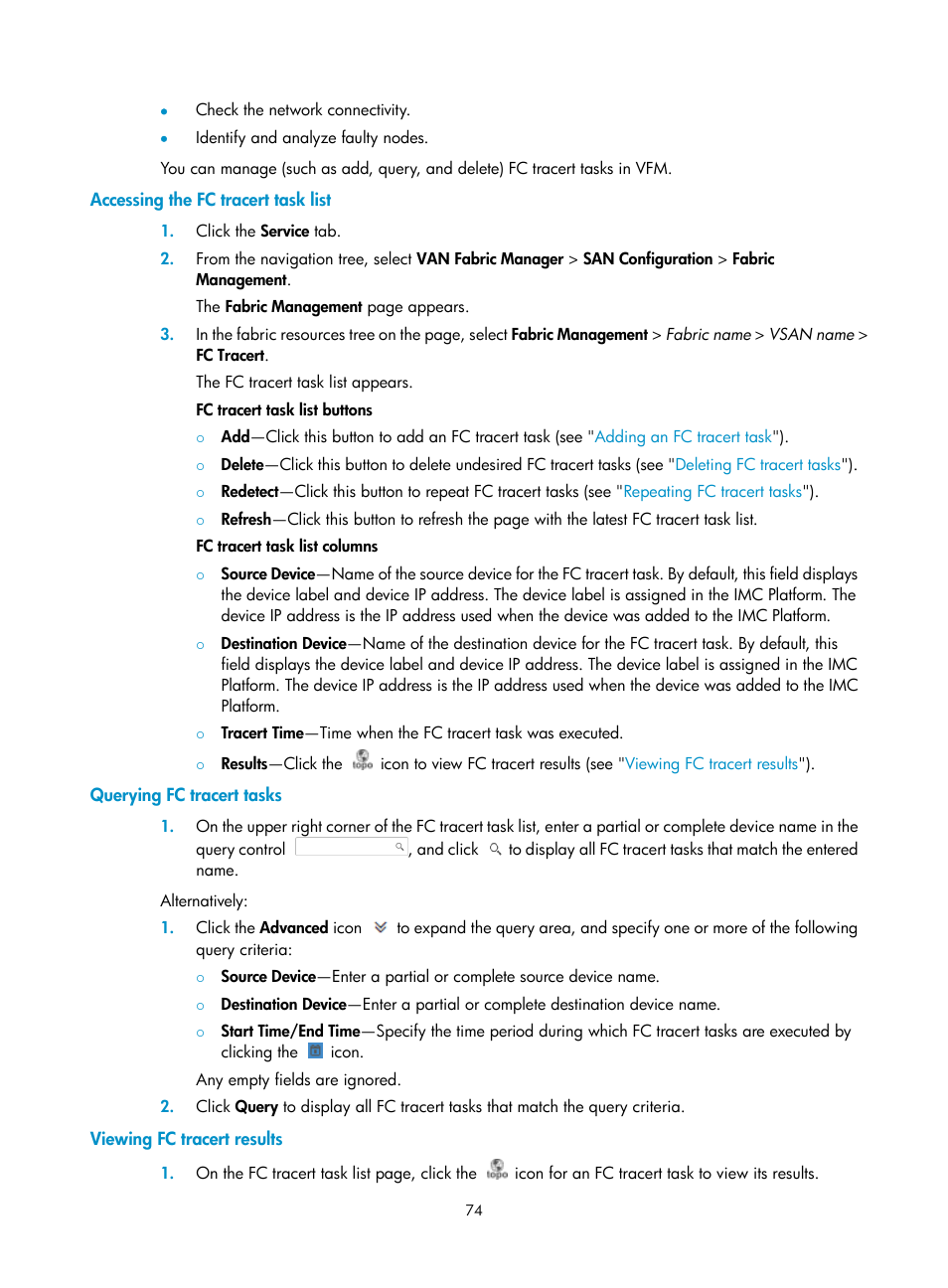 Accessing the fc tracert task list, Querying fc tracert tasks, Viewing fc tracert results | H3C Technologies H3C Intelligent Management Center User Manual | Page 83 / 160