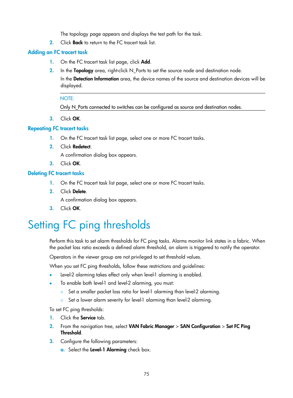 Adding an fc tracert task, Repeating fc tracert tasks, Deleting fc tracert tasks | Setting fc ping thresholds | H3C Technologies H3C Intelligent Management Center User Manual | Page 84 / 160