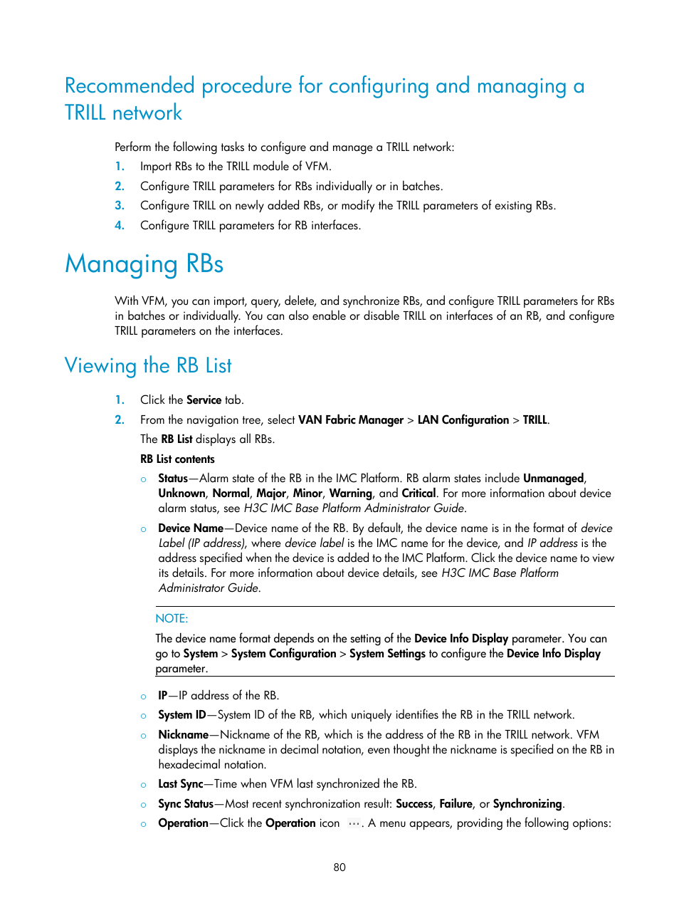 Managing rbs, Viewing the rb list | H3C Technologies H3C Intelligent Management Center User Manual | Page 89 / 160