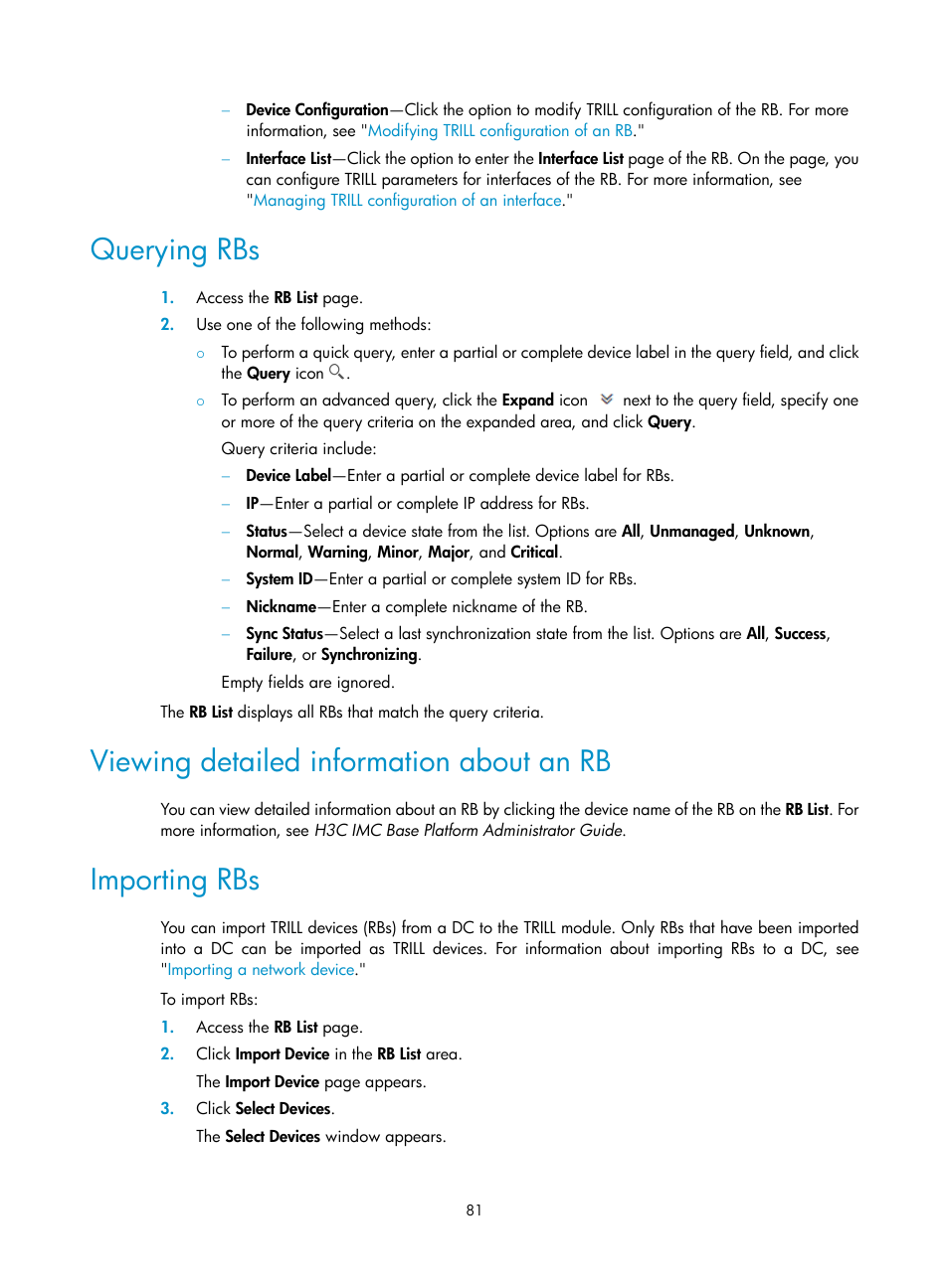 Querying rbs, Viewing detailed information about an rb, Importing rbs | H3C Technologies H3C Intelligent Management Center User Manual | Page 90 / 160