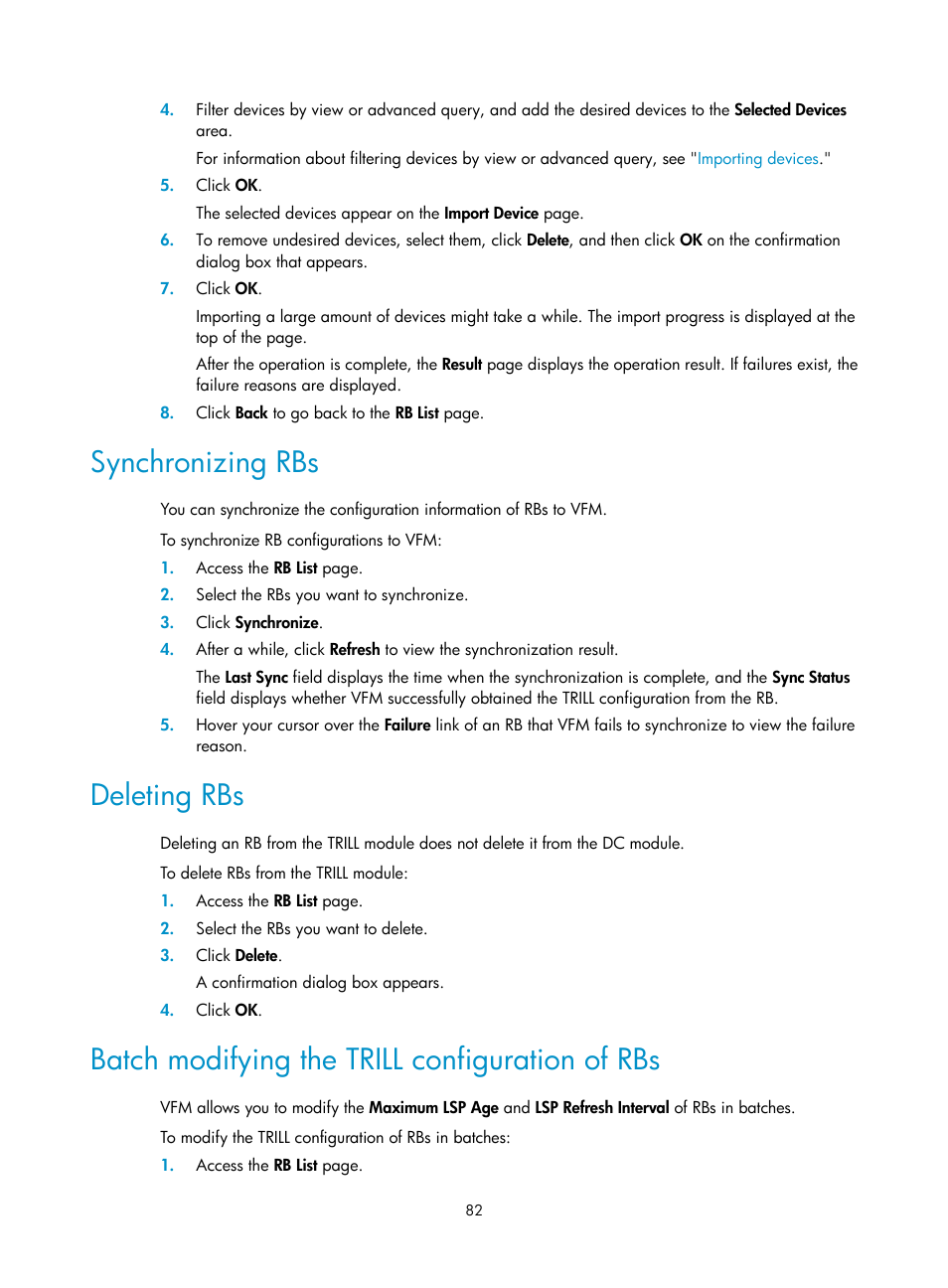 Synchronizing rbs, Deleting rbs, Batch modifying the trill configuration of rbs | H3C Technologies H3C Intelligent Management Center User Manual | Page 91 / 160