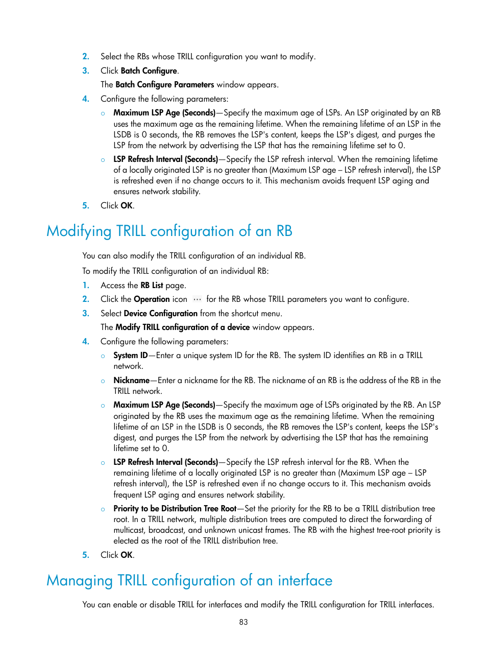 Modifying trill configuration of an rb, Managing trill configuration of an interface | H3C Technologies H3C Intelligent Management Center User Manual | Page 92 / 160