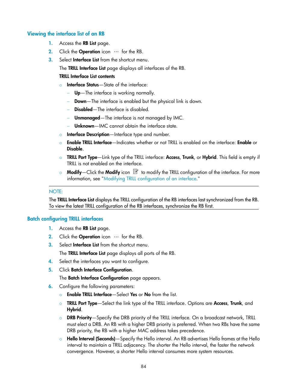 Viewing the interface list of an rb, Batch configuring trill interfaces | H3C Technologies H3C Intelligent Management Center User Manual | Page 93 / 160